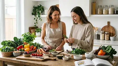 Deux personnes cuisinent ensemble une grande variété de légumes frais, illustrant la diversité végétale au quotidien