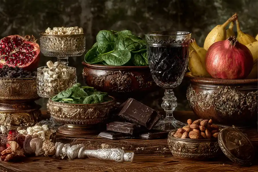 Aliments riches en magnésium disposés sur une table en bois : graines de courge, amandes, chocolat noir, épinards et bananes