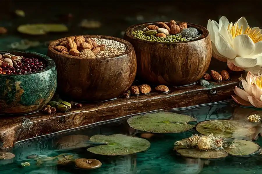 Bol de légumineuses en train de tremper dans l'eau, avec des graines de chia hydratées et des amandes, illustrant la préparation optimale pour améliorer la biodisponibilité du magnésium