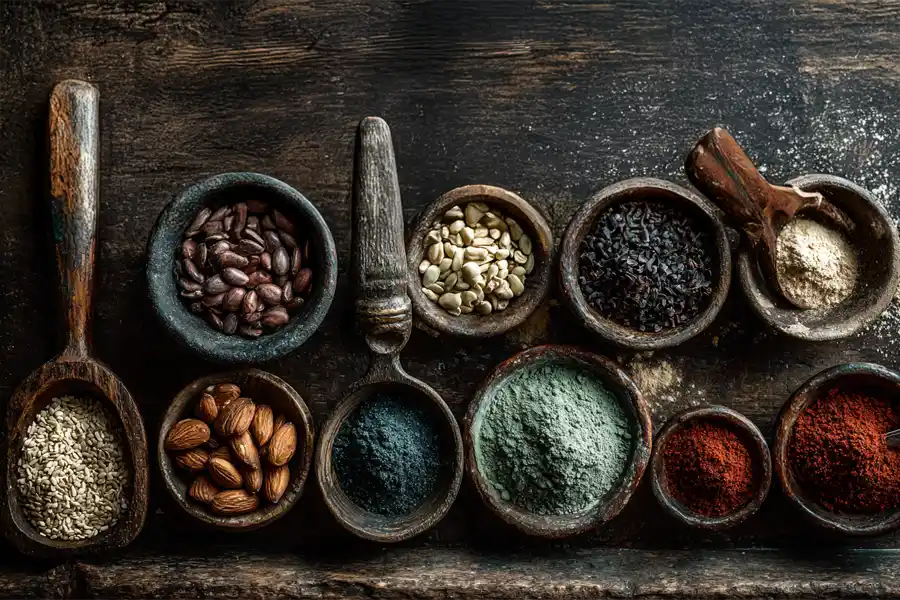 Vue de dessus sur des bols contenant graines de courge, cacao cru, graines de chia, amandes et sarrasin, illustrant les meilleures sources végétales de magnésium