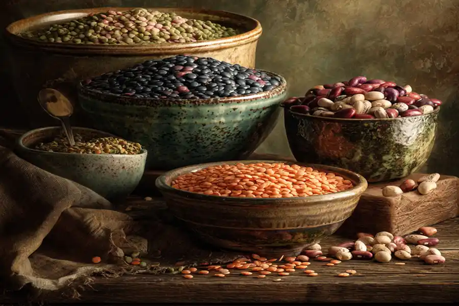 Variété de légumineuses — lentilles, pois chiches et haricots colorés disposés dans des bols en céramique sur une table en bois