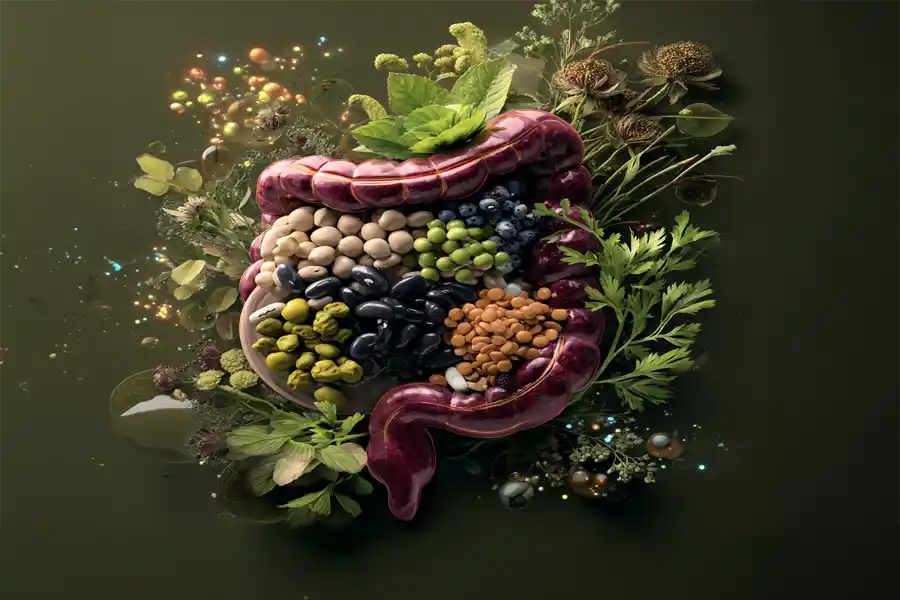 Illustration symbolique de l'intestin et du microbiote — bol de légumineuses colorées entouré d'herbes fraîches sur fond naturel