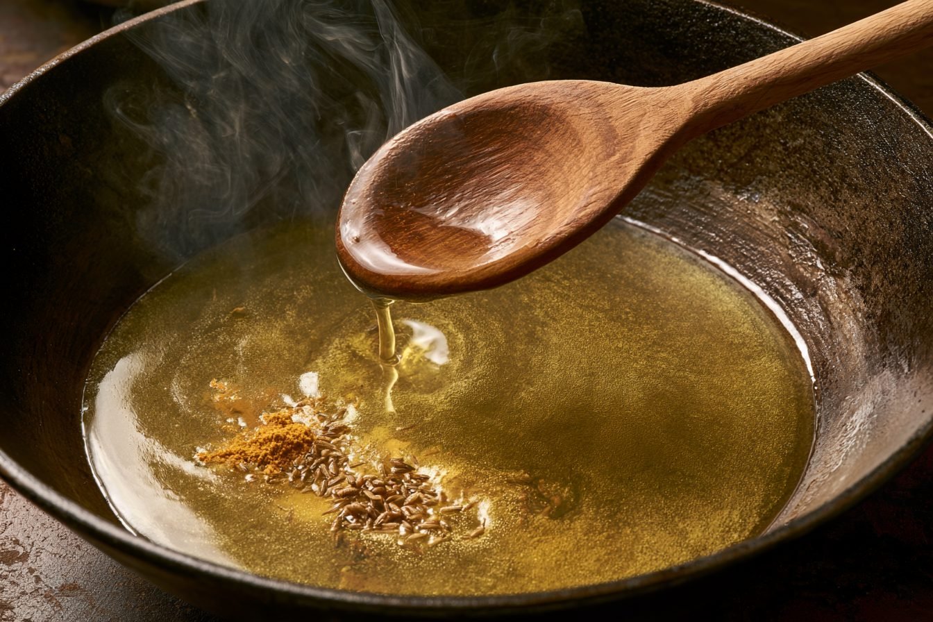 Tadka en cours, épices réveillées dans le ghee chaud pour un dahl aux épinards