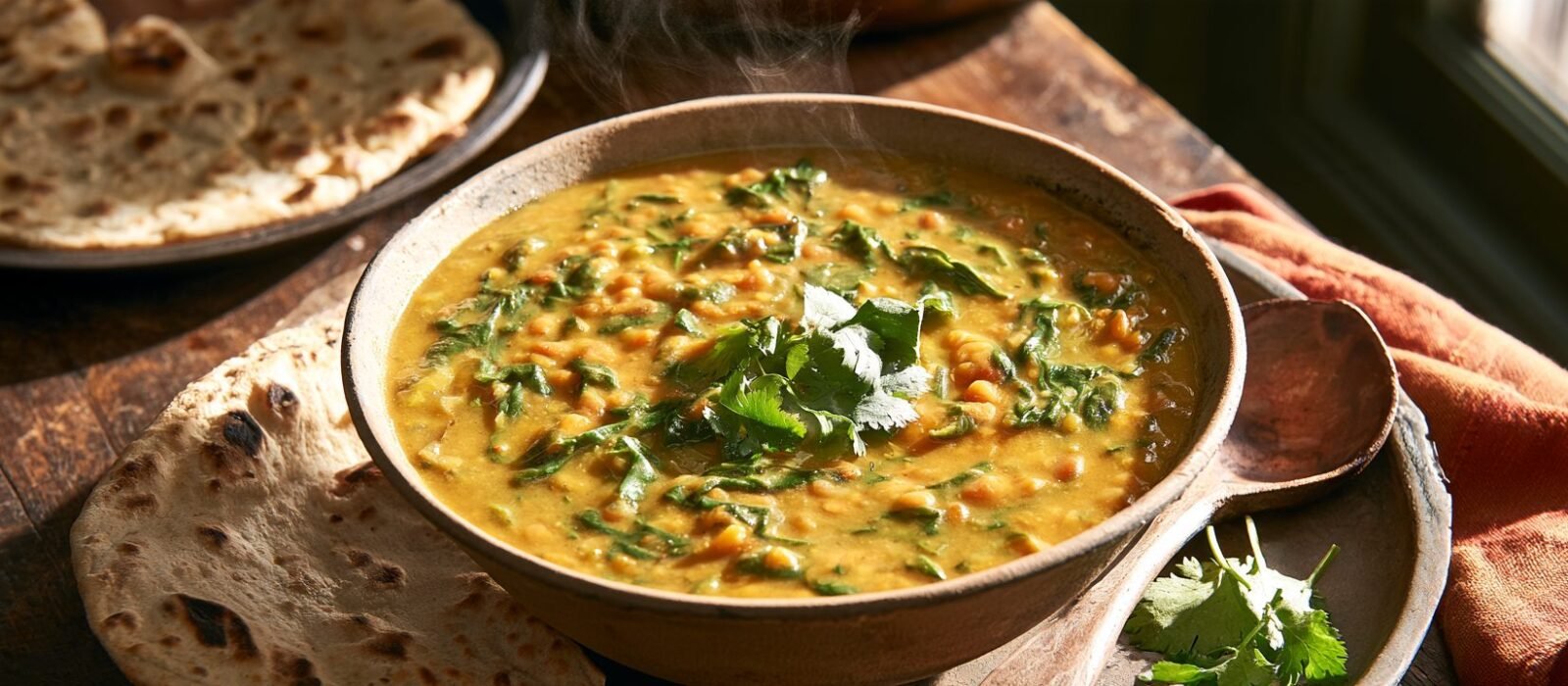 Dahl de lentilles corail aux épinards fumant dans un bol en grès, servi avec des chapatis sur une table en bois