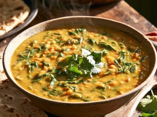 Dahl de lentilles corail aux épinards fumant dans un bol en grès, servi avec des chapatis sur une table en bois
