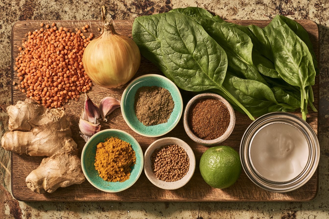 Ingrédients du dahl lentilles corail épinards au lait de coco disposés sur un plan de travail