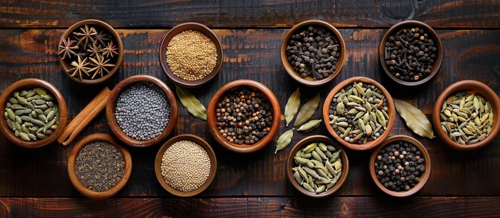 Une sélection d'épices entières pour un garam masala maison, disposées dans des coupelles en terre cuite