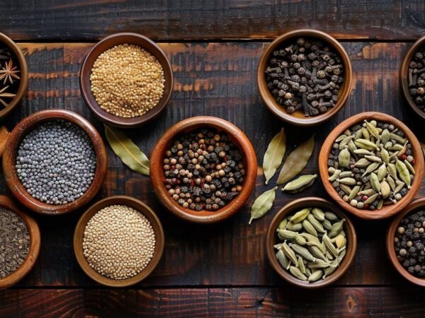 Une sélection d'épices entières pour un garam masala maison, disposées dans des coupelles en terre cuite