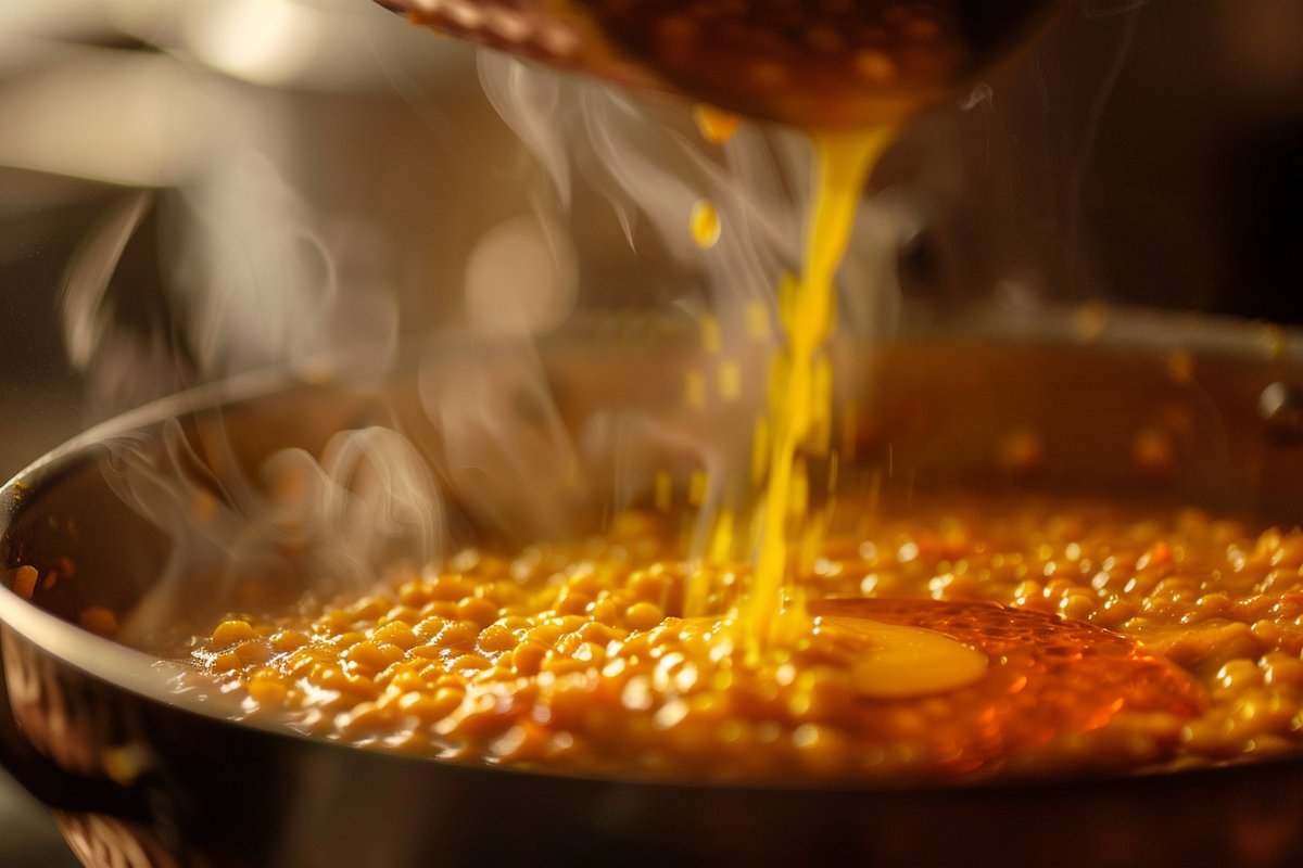 Tadka versé sur un dal de lentilles corail, épices infusées dans le ghee chaud