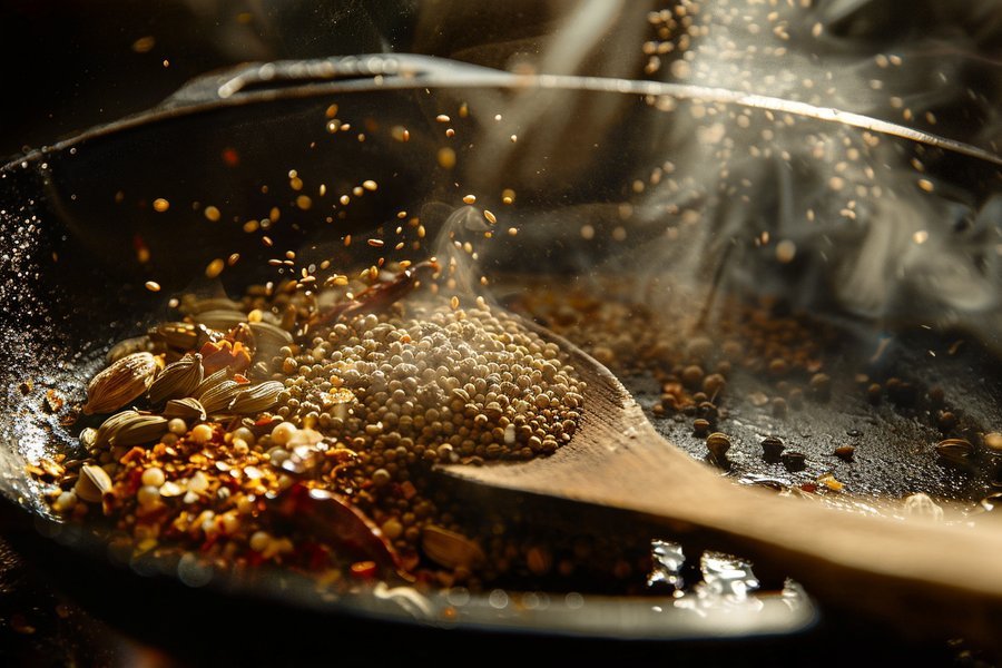 Torréfaction à sec des graines de cumin et de coriandre dans une poêle en fonte à feu moyen-doux