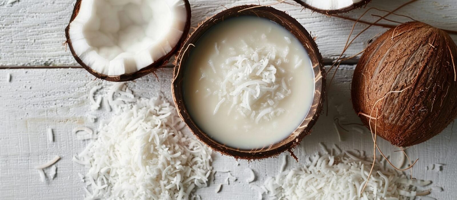 Lait de coco dans une demi-coque de noix de coco, entouré de noix de coco fraîches et de coco râpée sur une table en bois blanc