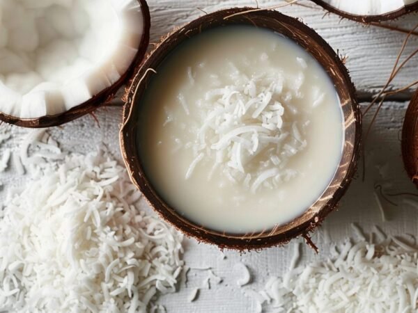 Lait de coco dans une demi-coque de noix de coco, entouré de noix de coco fraîches et de coco râpée sur une table en bois blanc