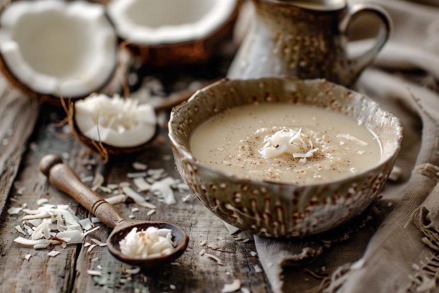 Bol de lait de coco onctueux entouré de noix de coco fraîche sur un plan de travail en bois sombre