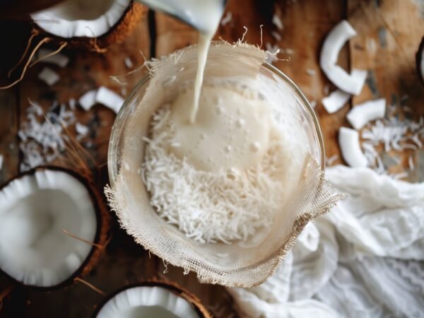 Lait de coco versé dans un bol en verre tapissé d'une étamine, sur de la noix de coco râpée, entouré de demi-noix de coco sur une table en bois