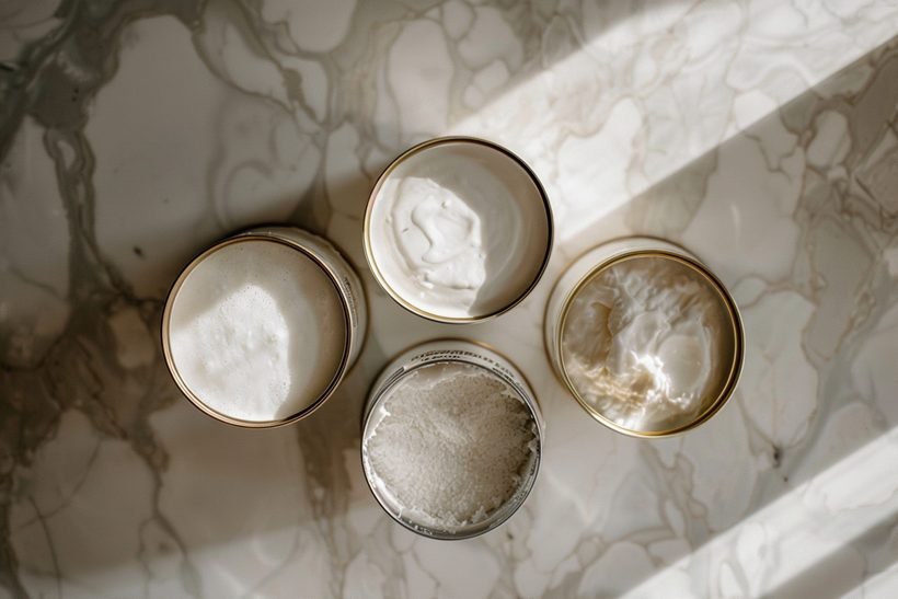 Plusieurs produits à base de noix de coco montrant des textures différentes : mousse, crème, poudre
