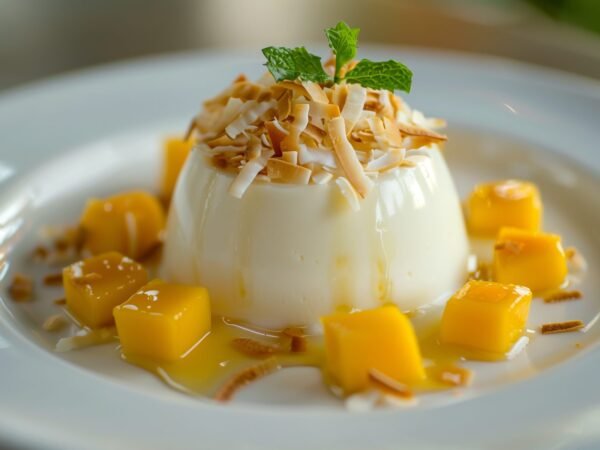 Panna cotta au lait de coco démoulée, garnie de copeaux de coco torréfiés et de menthe, entourée de dés de mangue dans une assiette blanche