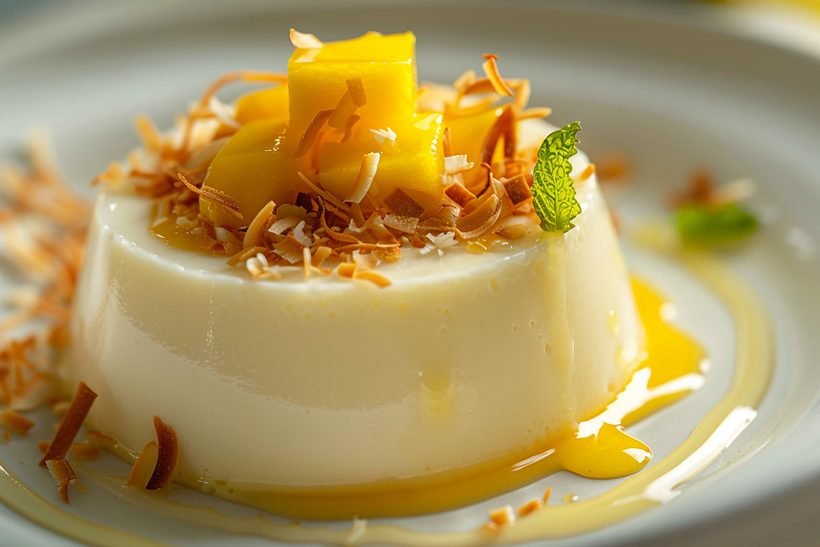 Panna cotta au lait de coco à l'agar-agar démoulée, nappée de coulis de mangue et coco torréfiée